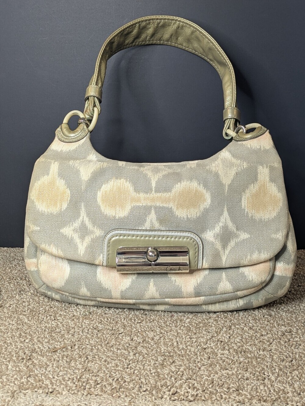 Coach Kristin Op Art Ikat Hobo Shoulder Bag Gray Tan Metallic Leather Shimmer